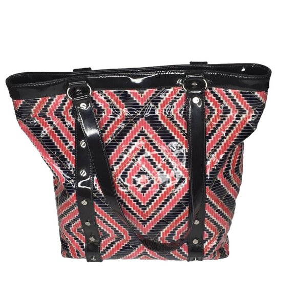 Tory Burch Quilted Pattern Studded Large Multicolor Geometric Patent Tote Bag - Picture 3 of 12
